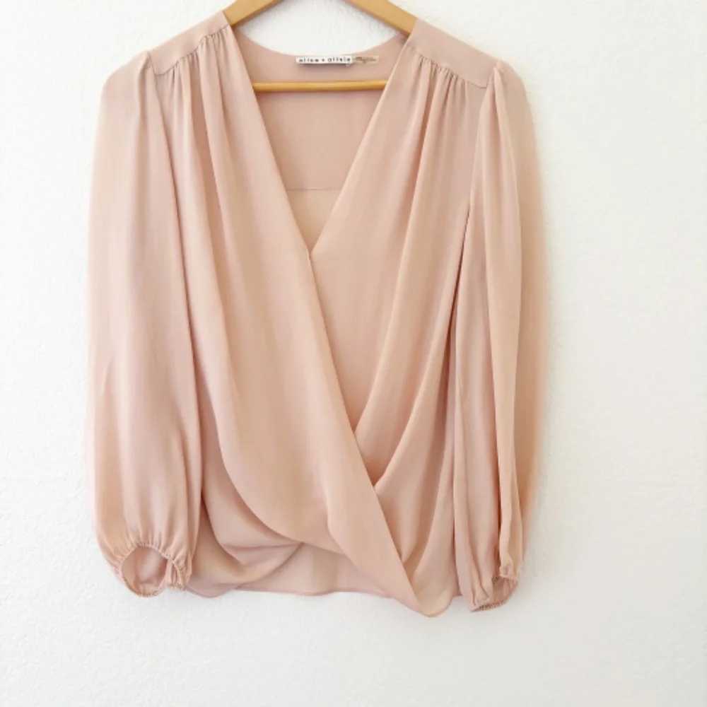 Alice + Olivia Arlene Silk Wrap Georgette Blouse Shirt in Petal Ballerina Pink - Picture 2 of 10